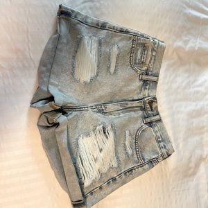 AE denim mom shorts. Light destroy wash color.